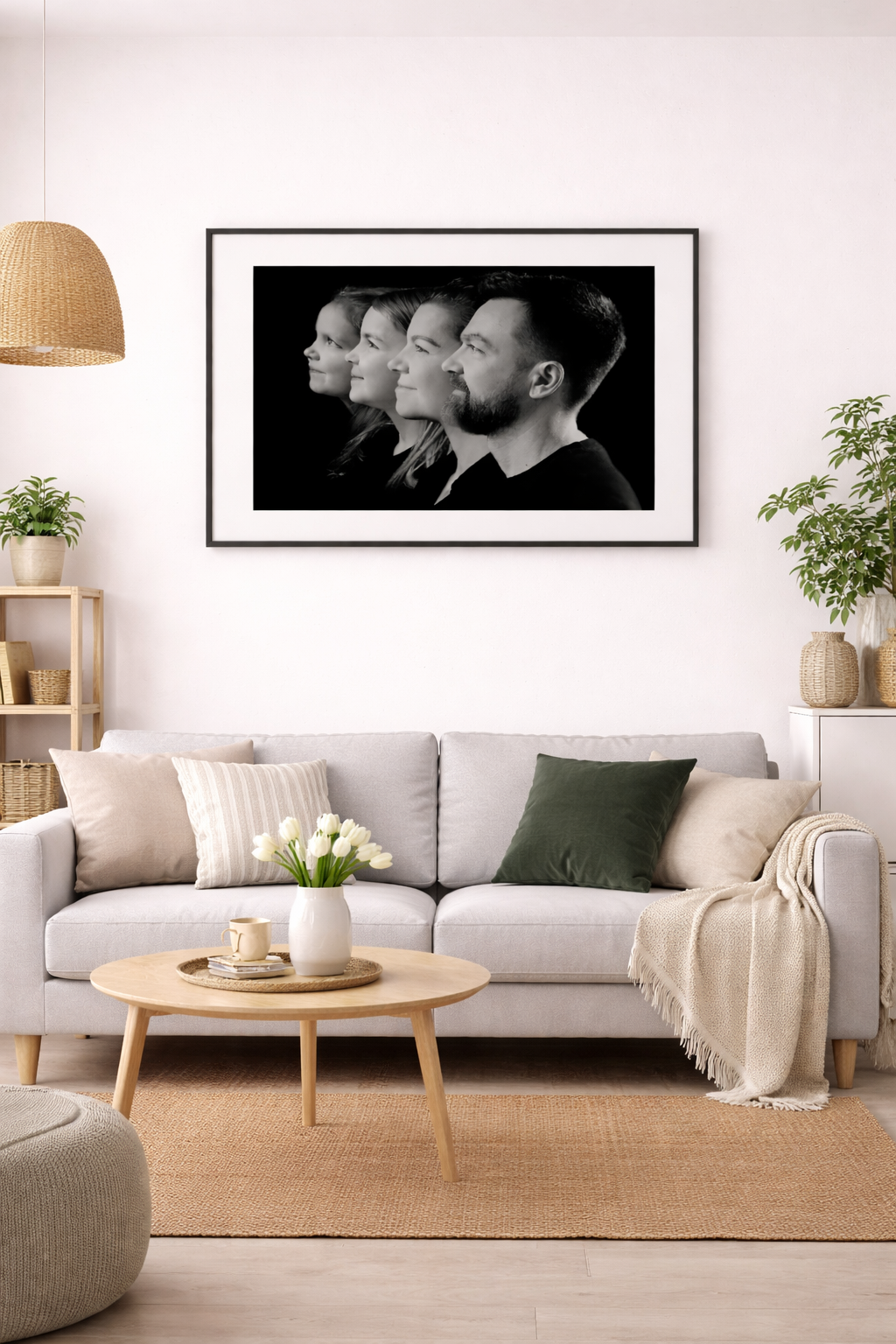 Generační portrét na zdi v obývacím pokoji