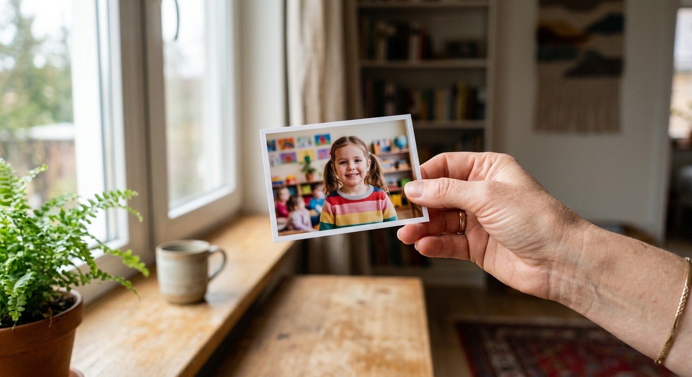 Vyvolaná fotografie dítěte v ruce u okna doma