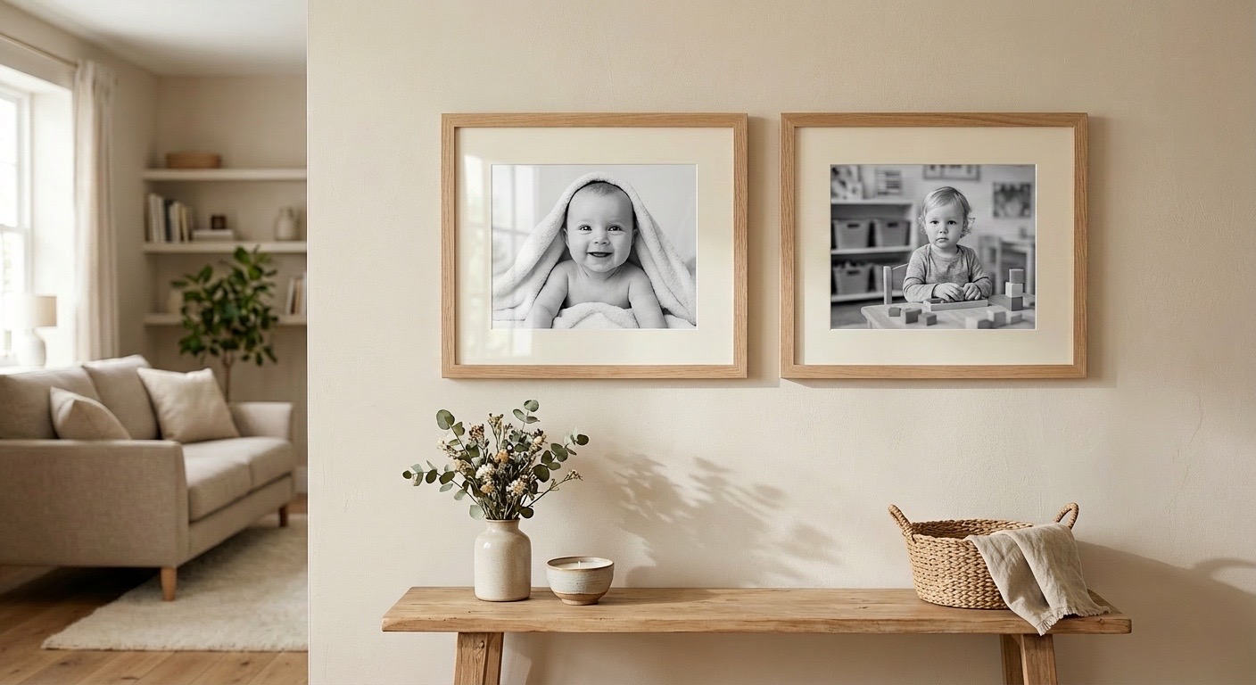 Zarámované dětské fotografie na zdi